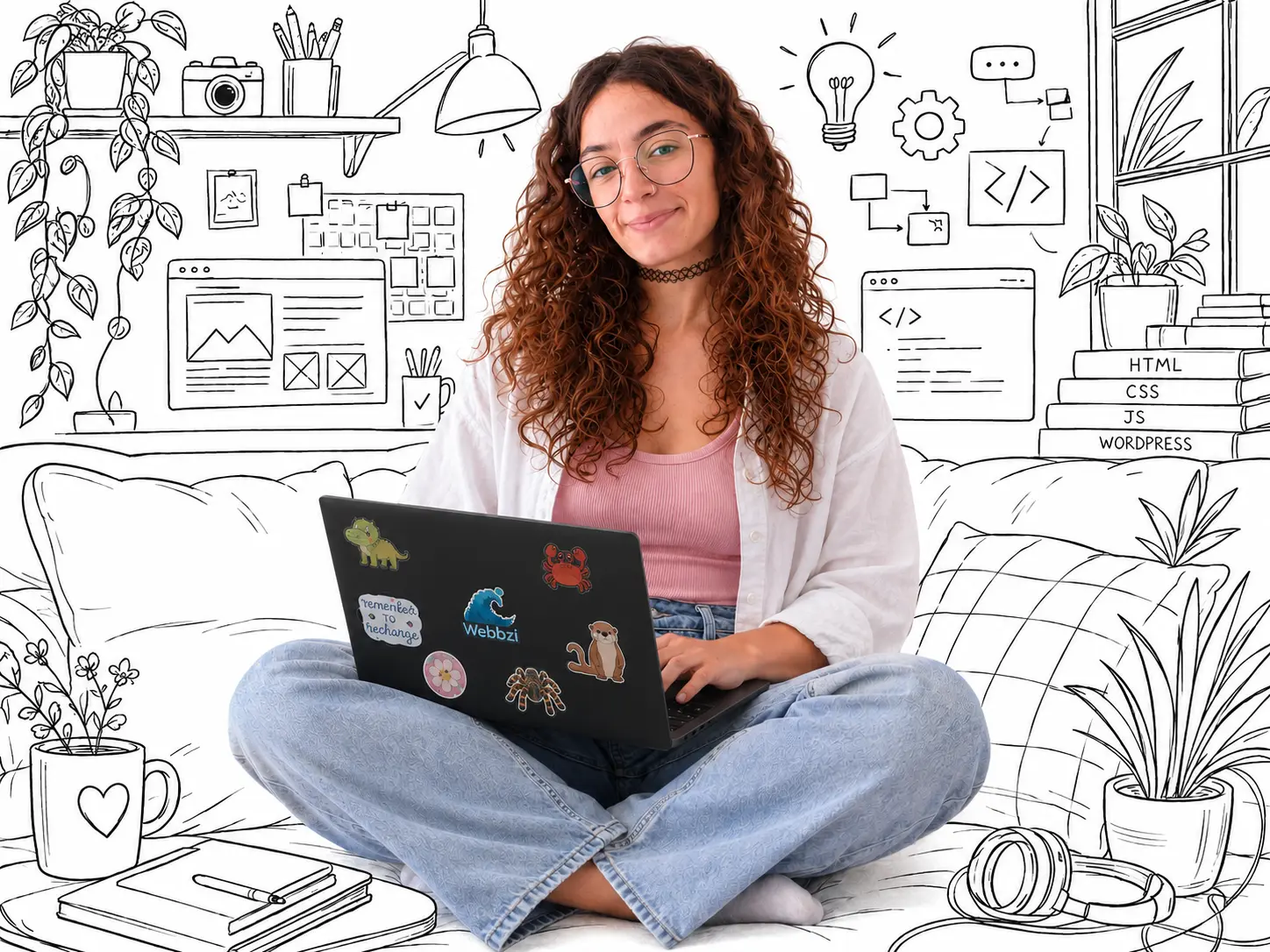 Sol, diseñadora y desarrolladora web, trabajando en su portátil rodeada de bocetos de webs e ideas