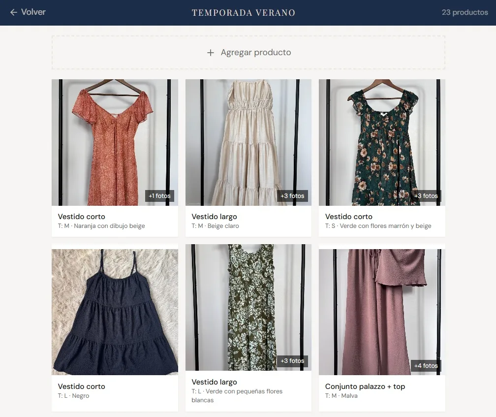 Summer season product list with photo, size and colour for each item