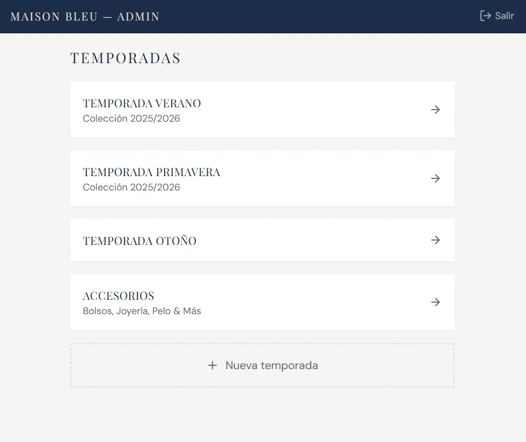 Admin panel showing the seasons: summer, spring, autumn and accessories