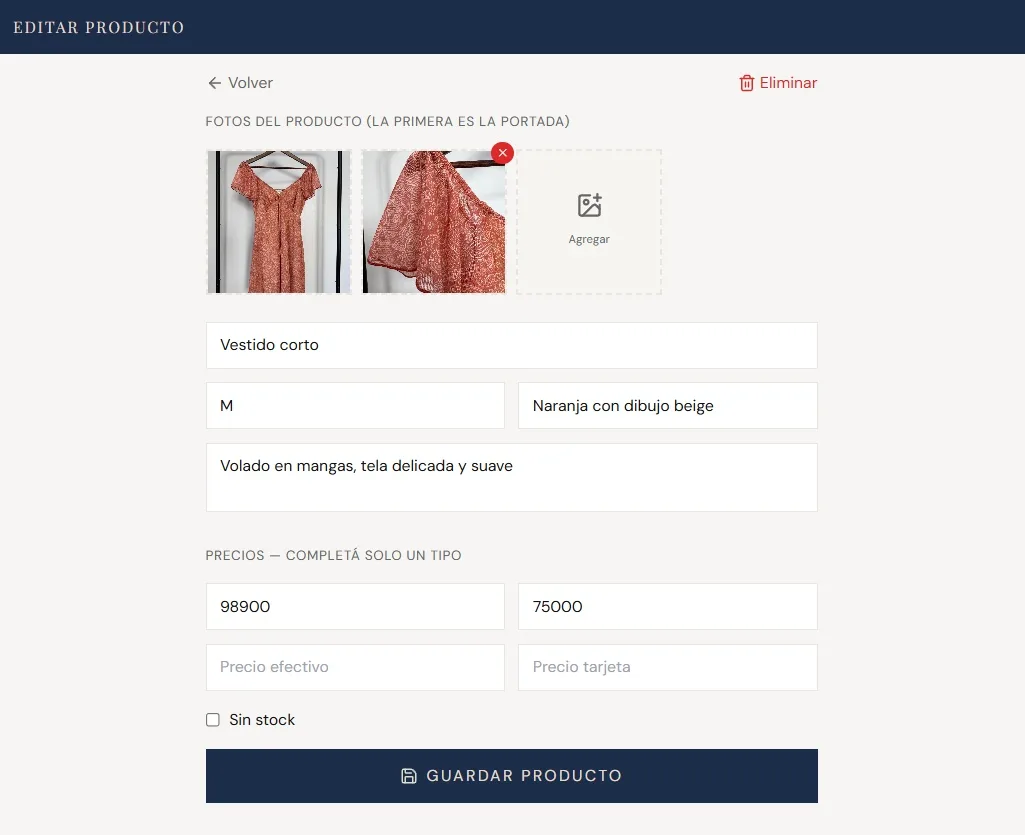 Product editor with several photos, size, colour, description and cash and card prices