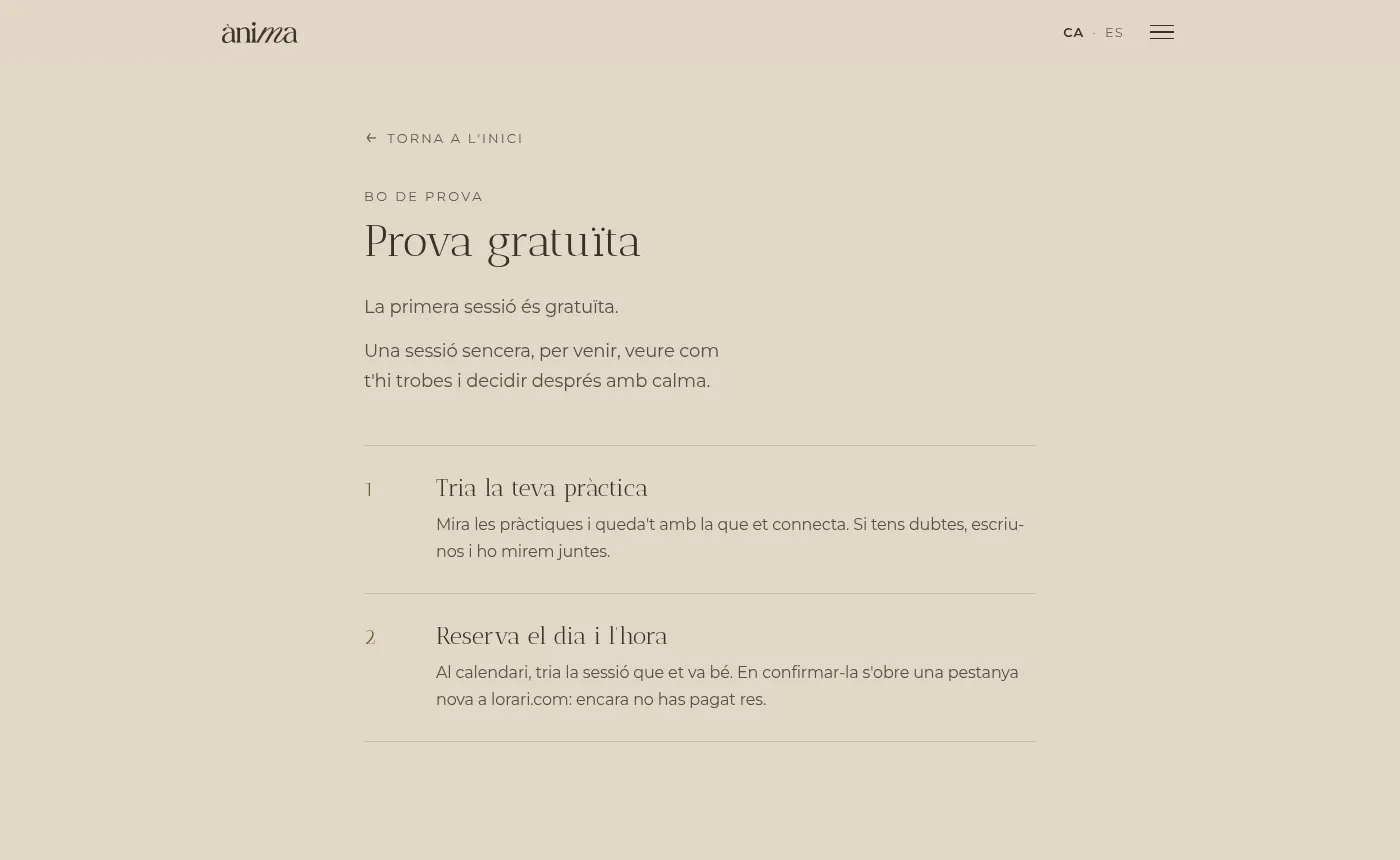 Página de la sesión de prueba gratuita con los pasos para reservarla