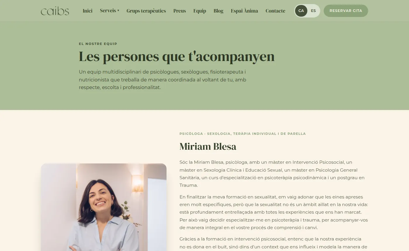 Página del equipo de CAIBS con la ficha y la biografía de una de las profesionales