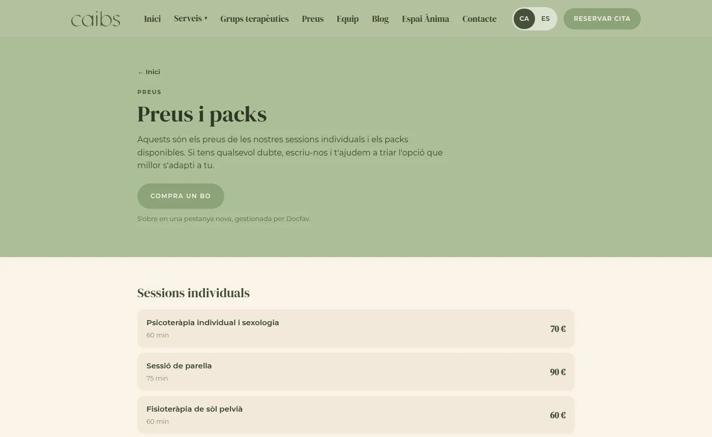 Página de precios de CAIBS con el botón para comprar un bono y las sesiones individuales con su precio