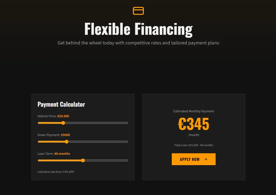 Calculadora de financiación con precio del vehículo, entrada y plazo, mostrando la cuota mensual estimada