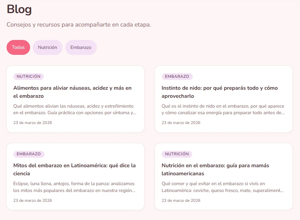 Memobebe blog with category filters for nutrition and pregnancy