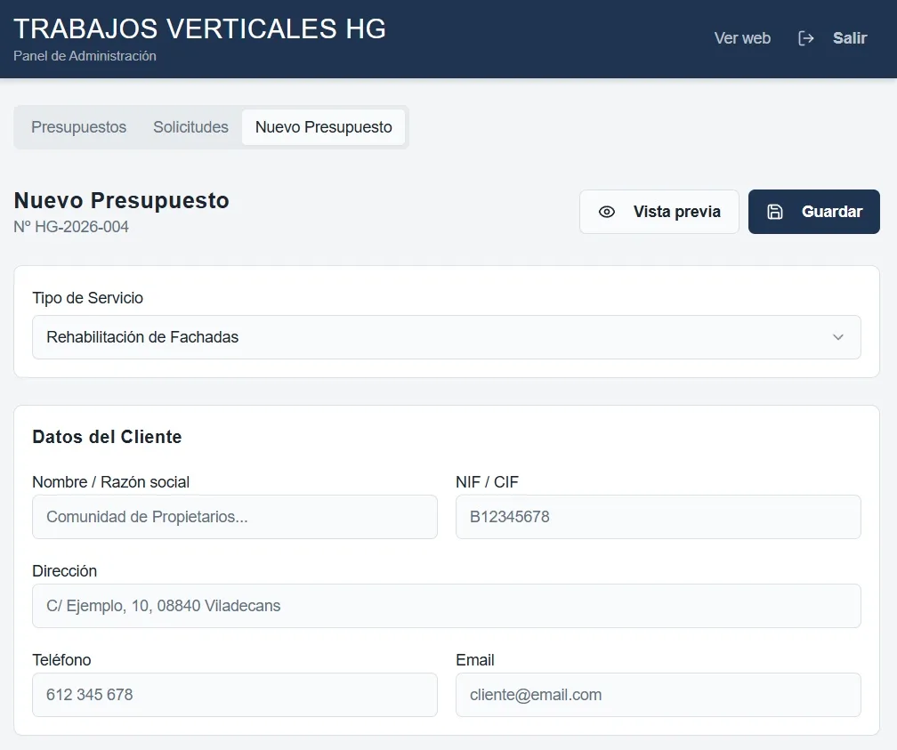 Admin panel creating a new numbered quote, with service type and client tax details
